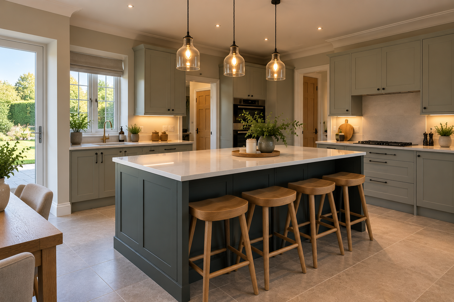 Kitchen with sage green shaker units and dark island