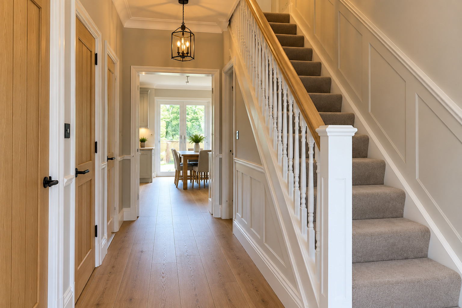 Hallway with oak doors, panelled walls and painted staircase